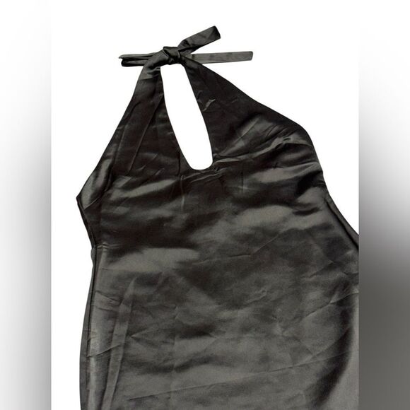NWOT women’s JASON WU Black Satin Halter Plunging U Neckline Midi Dress SZ large - Picture 4 of 10